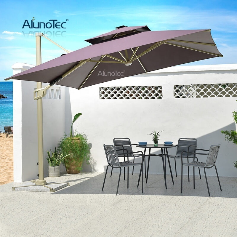 Outdoor Cantilever Patio 360 Degree Rotating System Garden Waterproof Umbrellas Roman Cafe Parasols Solar Light Umbrella