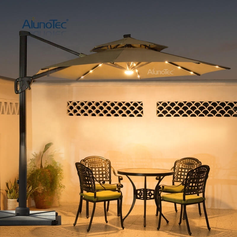 Outdoor Cantilever Patio 360 Degree Rotating System Garden Waterproof Umbrellas Roman Cafe Parasols Solar Light Umbrella