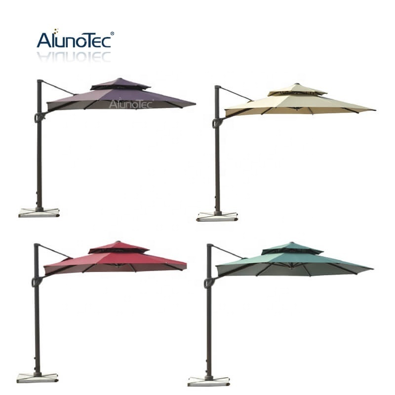 Outdoor Cantilever Patio 360 Degree Rotating System Garden Waterproof Umbrellas Roman Cafe Parasols Solar Light Umbrella