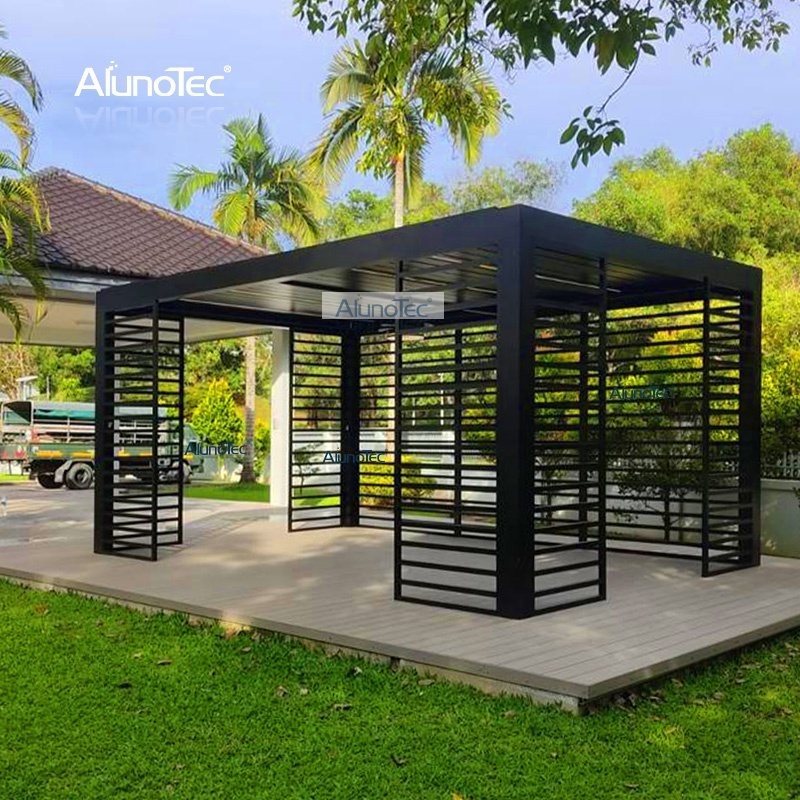 Motorized Garden Pavilion Metal Gazebo Arches Adjustable Louver Pergola With Fence Panel