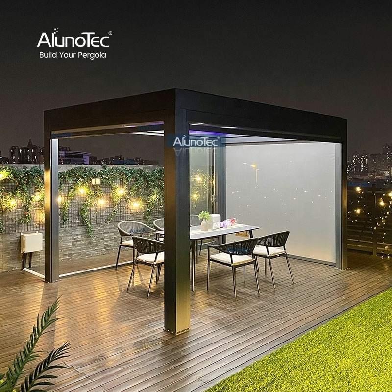 AlunoTec Waterproof Outdoor Pavilion Motorized Solar Pergola Pavilion Gazebo with Side Curtain