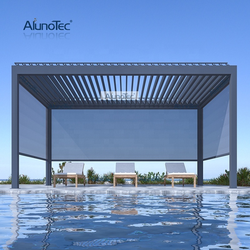 AlunoTec Waterproof Outdoor Pavilion Motorized Solar Pergola Pavilion Gazebo with Side Curtain