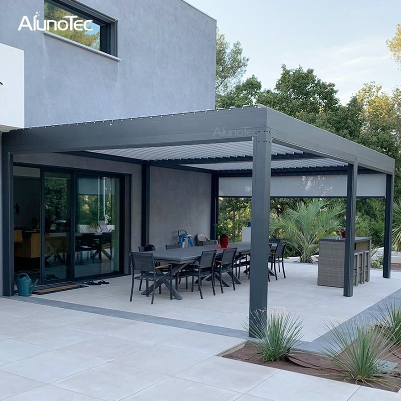 AlunoTec 4m x 4m Terrace Luxury Garden Gazebo Patio Cover Roof Canopy Louver Roof Aluminum Pergola