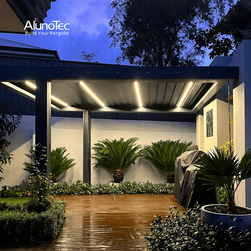 AlunoTec Bioclimatique Waterproof Motorized Aluminium Outdoor Modern Pergola Louver Roof Gazebo with Glass Door