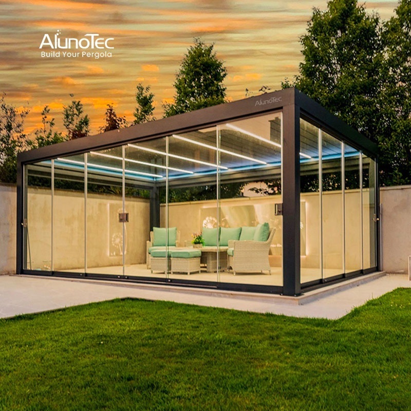 AlunoTec Bioclimatique Waterproof Motorized Aluminium Outdoor Modern Pergola Louver Roof Gazebo with Glass Door