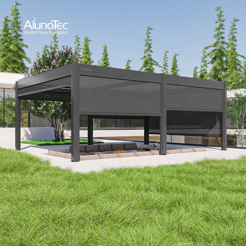 AlunoTec Bioclimatique Waterproof Motorized Aluminium Outdoor Modern Pergola Louver Roof Gazebo with Glass Door