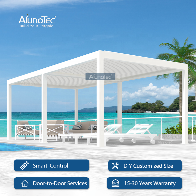 AlunoTec Prefabricated Sunproof Patio Gazebo Aluminum Awning Louver Solar Pergola Roof with LED Light