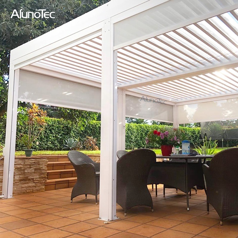 Aluno Exterior Waterproof Motorized Metal Gazebo Pergola With LED Light and Blinds