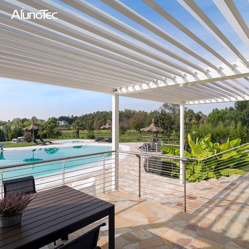 Aluno Exterior Waterproof Motorized Metal Gazebo Pergola With LED Light and Blinds