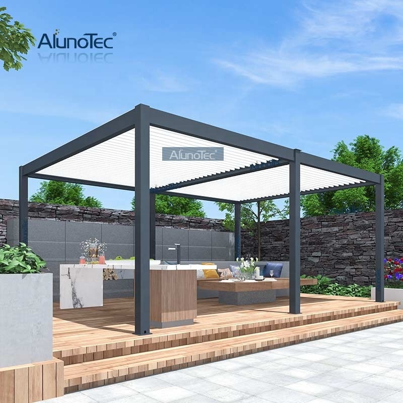 Motorized Metal Garden Pergola Louvre Waterproof  Aluminium Frame Folding Gazebo Roof