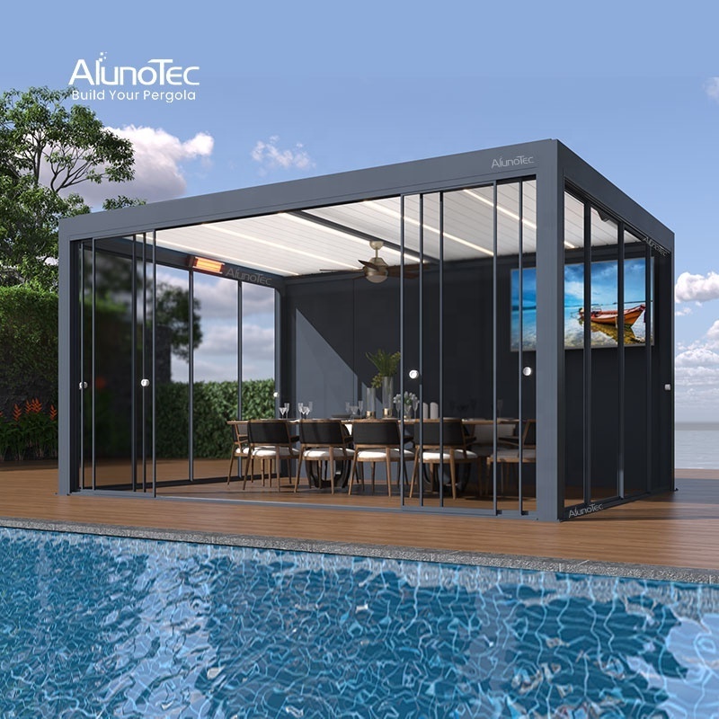 AlunoTec Waterproof Aluminum Patio Coverings Electric Opening Roof System Garden Bioclimatic Pergola