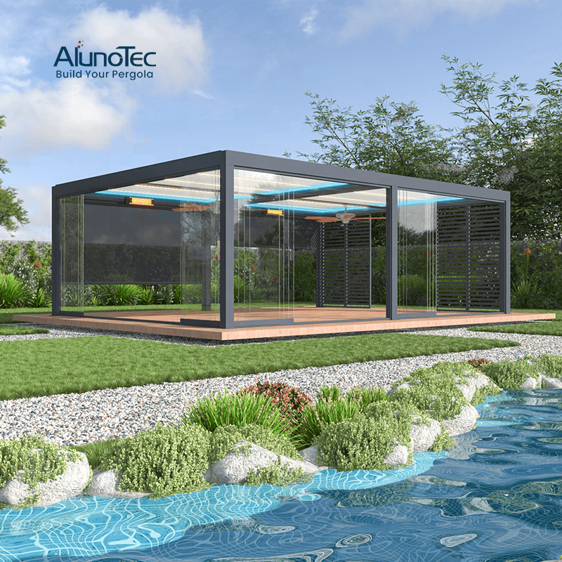 AlunoTec Waterproof Aluminum Patio Coverings Electric Opening Roof System Garden Bioclimatic Pergola