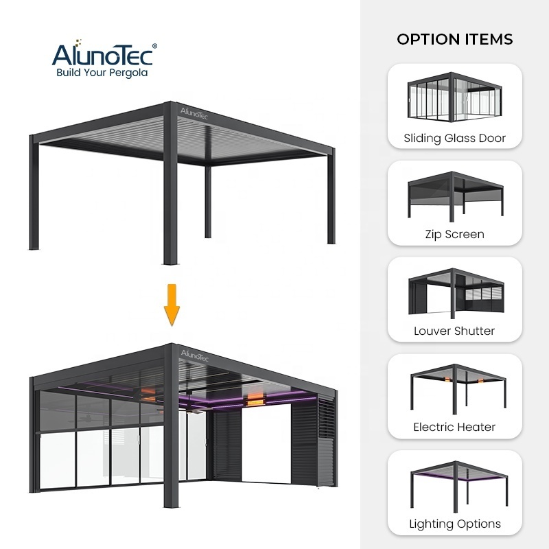 AlunoTec Outdoor Garden Pergola Motorized Awning Louvered Roof Waterproof Louvre Gazebos Sunroom Aluminium Pergolas