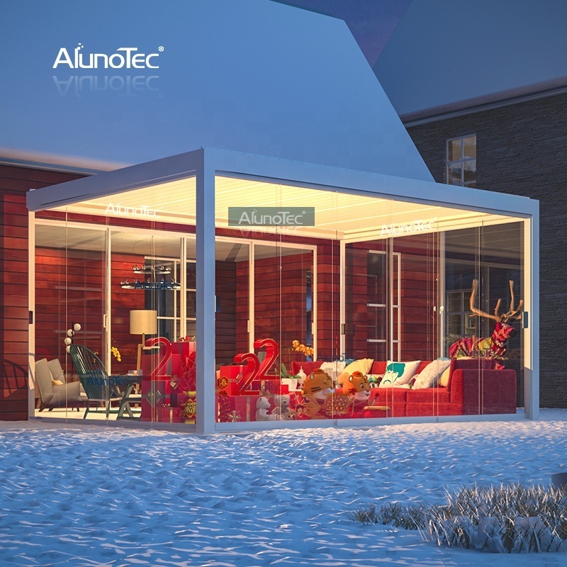 AlunoTec Strong Aluminium Pergola Opening Roof Waterproof Gazebo Manufacturers Pergolas Canopy with Sliding door