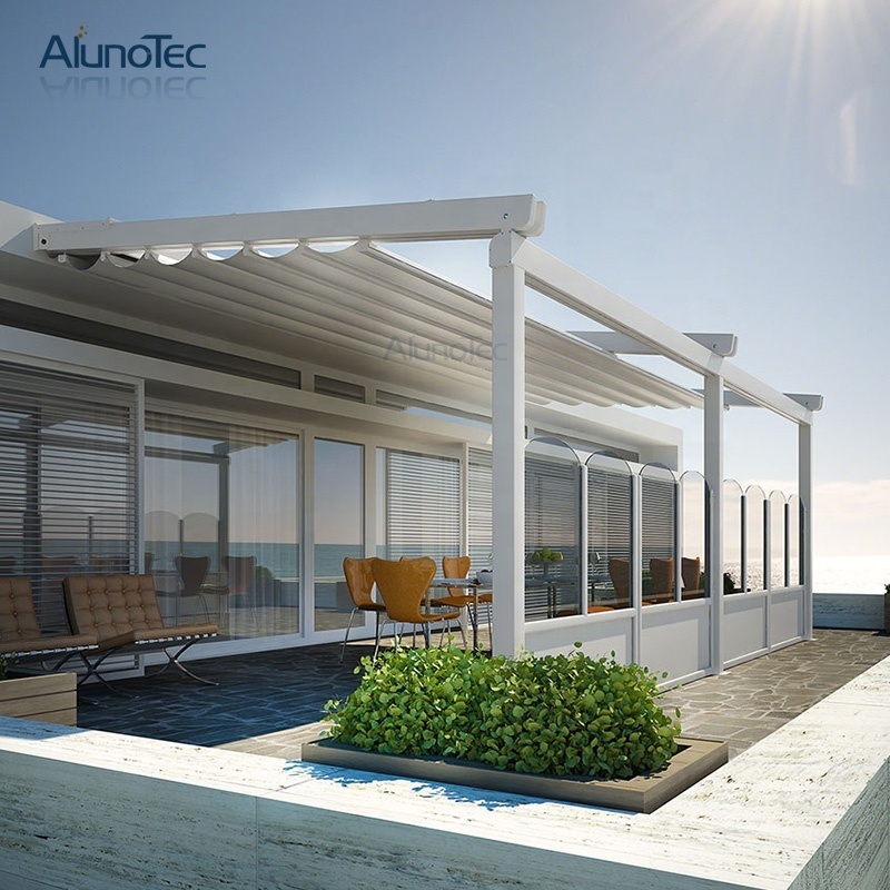 AlunoTec Aluminum Retractable Roof Pergola Bioclimatic Metal Gazebo Motorized Canopy Awning