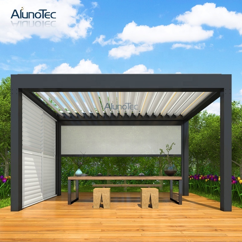 AlunoTec 4m x 4m Terrace Luxury Garden Gazebo Patio Cover Roof Canopy Louver Roof Aluminum Pergola