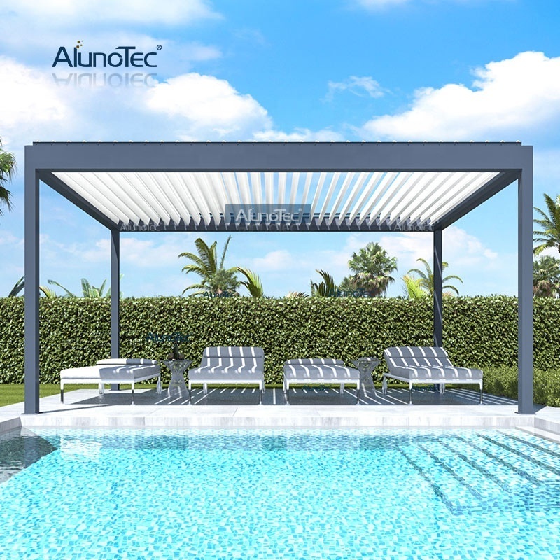 AlunoTec Aluminum Motorized Waterproof Pergola Covers Sunshade Louvered Roof Gazebo With Louvre