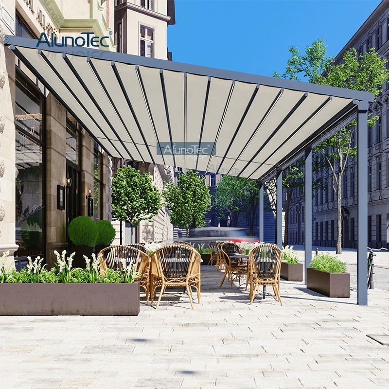 AlunoTec Wind Resistant Retractable Electric Patio Cover Shade Awnings Pergola For Restaurant