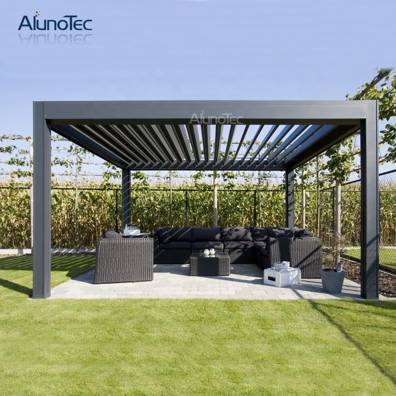 AlunoTec 4m x 4m Terrace Luxury Garden Gazebo Patio Cover Roof Canopy Louver Roof Aluminum Pergola