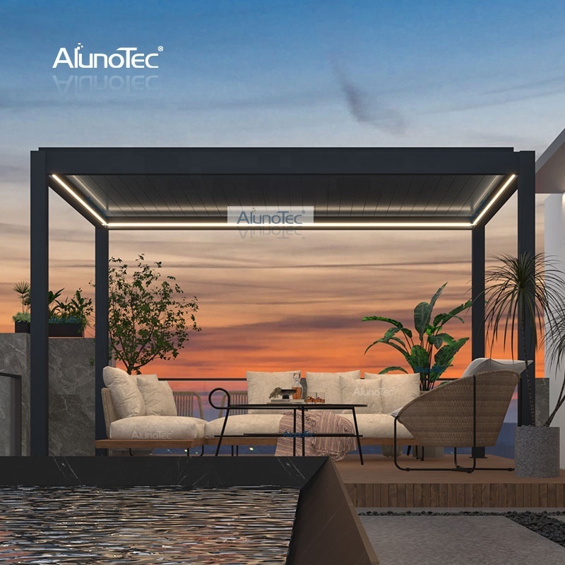 AlunoTec Strong Aluminium Pergola Opening Roof Waterproof Gazebo Manufacturers Pergolas Canopy with Sliding door