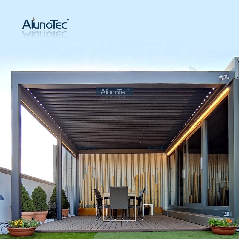 AlunoTec Exterior Opening Electric Louvre System Pergolas Kit Installation Gazebo Bioclimatica Aluminum Pergola