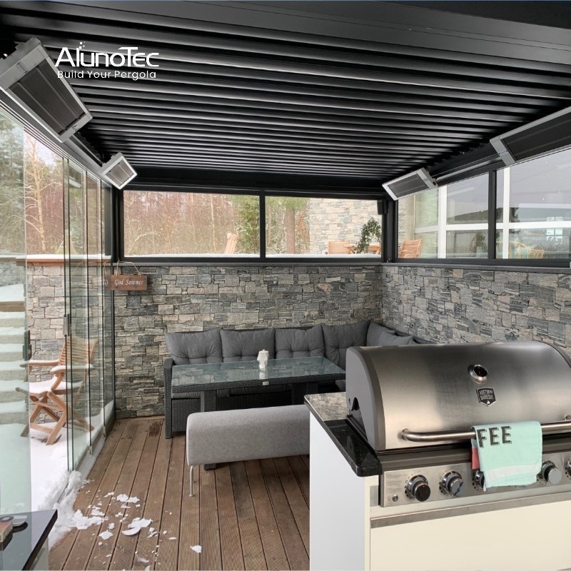 AlunoTec Easily Assembled Winter Wind Resistance Snow Load Aluminium Motorized Outdoor Kitchen Pergola Grill Gazebo with Blinds