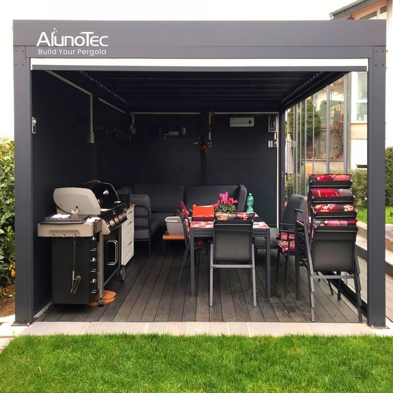 AlunoTec Easily Assembled Winter Wind Resistance Snow Load Aluminium Motorized Outdoor Kitchen Pergola Grill Gazebo with Blinds