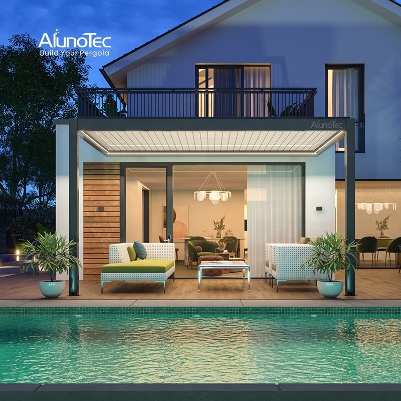 AlunoTec Customized Gazebos Swimming Pool Terrace Garden Villa Motorized Out Blinds Pergola Electric Screen Sunshade Gazebo