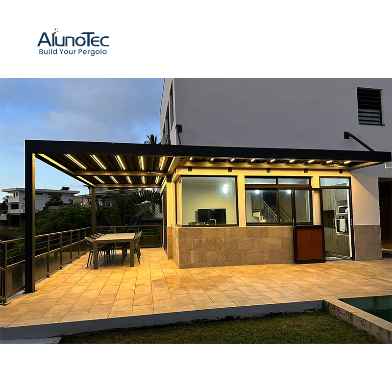 Alunlotec Outdoor Gazebo Motorised Aluminium Louvre Roof Bioclimatic Pergola For Sunshade Waterproof Curtain