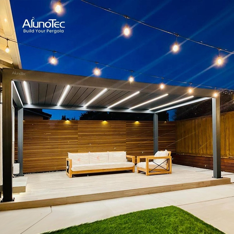 Alunlotec Outdoor Gazebo Motorised Aluminium Louvre Roof Bioclimatic Pergola For Sunshade Waterproof Curtain