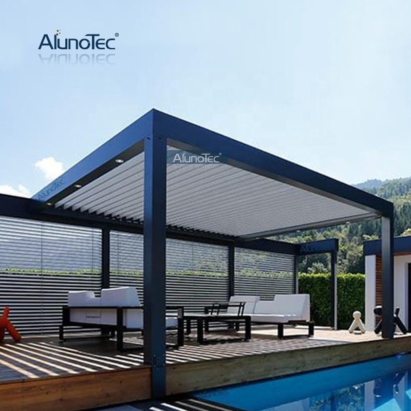 AlunoTec Motorized Gray Awning Aluminum Garden Shed Patio Pergola Roof with Adjustable Blinds