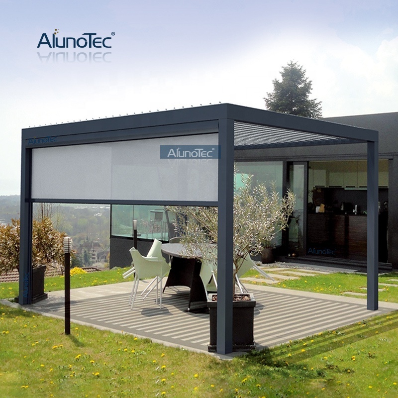 AlunoTec Motorized Gray Awning Aluminum Garden Shed Patio Pergola Roof with Adjustable Blinds