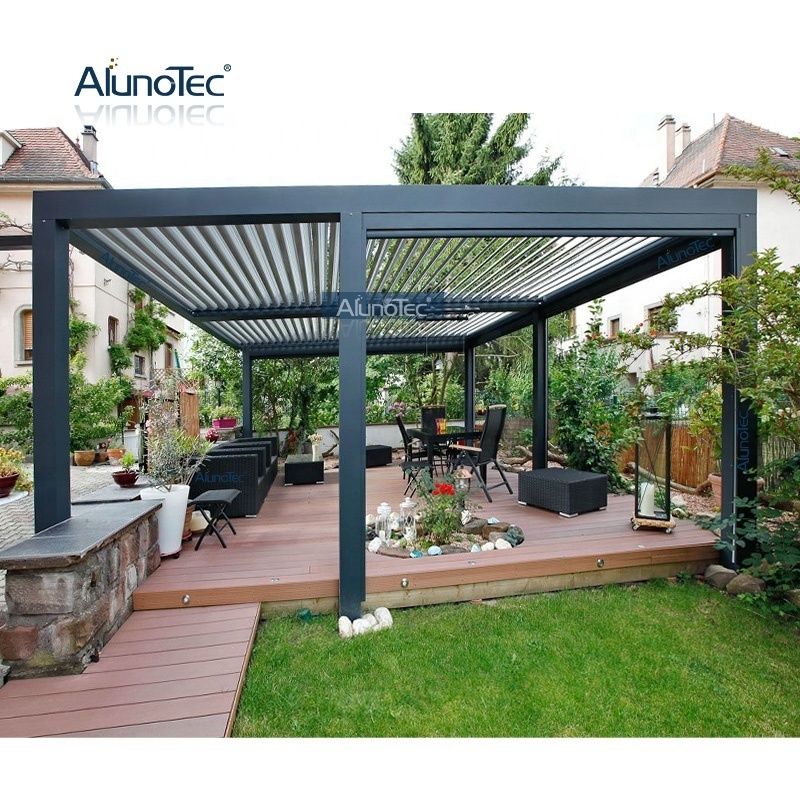 AlunoTec Motorized Gray Awning Aluminum Garden Shed Patio Pergola Roof with Adjustable Blinds