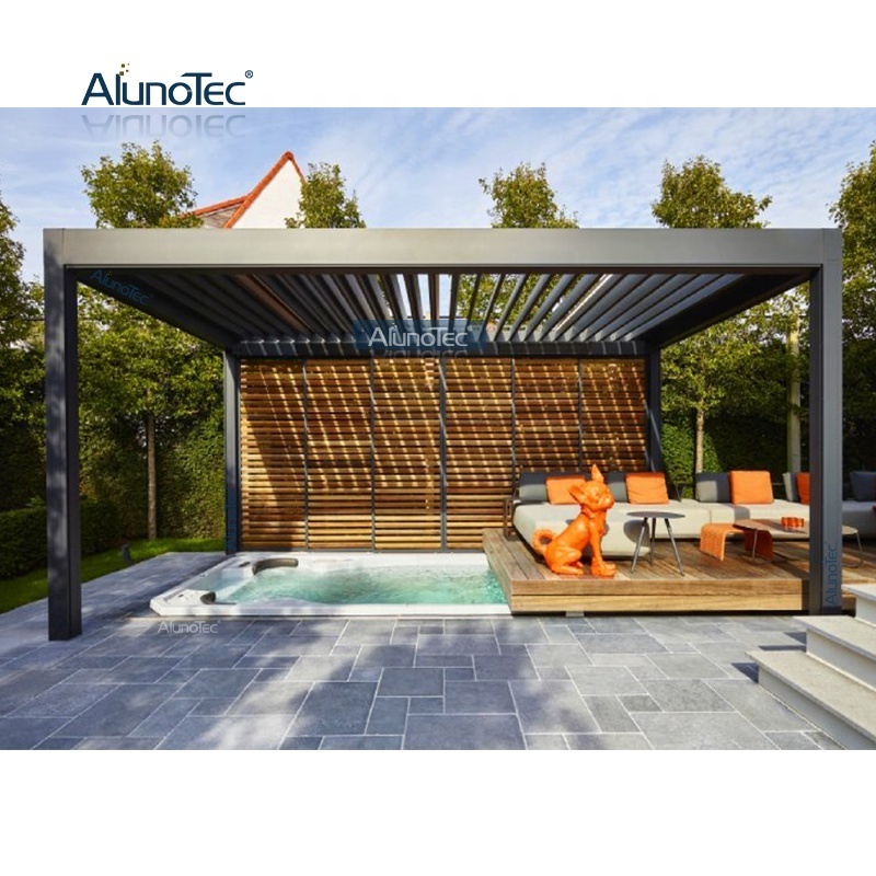 AlunoTec Motorized Gray Awning Aluminum Garden Shed Patio Pergola Roof with Adjustable Blinds