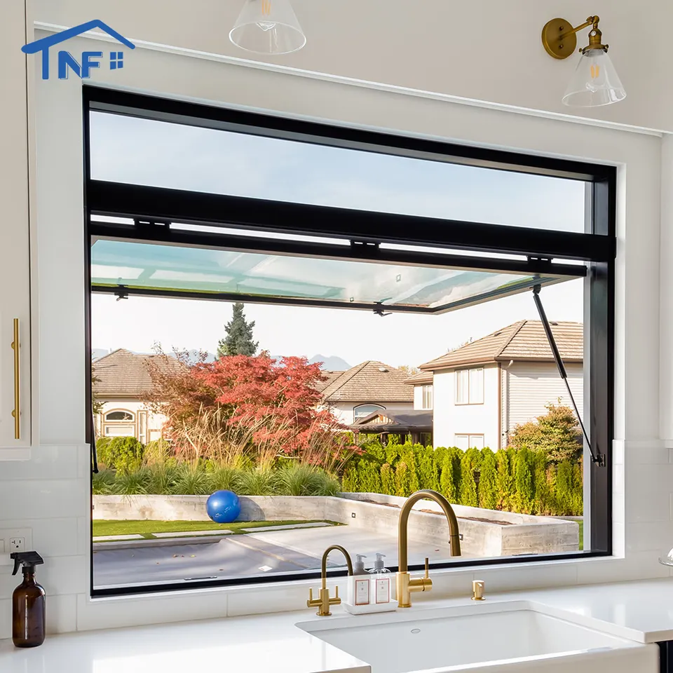 Thermal Break Aluminium Gas Strut Pass Through Windows Top Hung Aluminum Push Out Flip Up Awning Window For Kitchen Bar