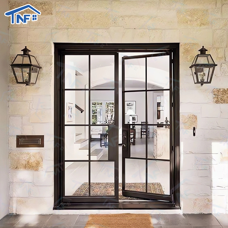 Manufacturer Modern Double Exterior/Interior Grill Steel French Door Designs Glass Wrought Iron Door