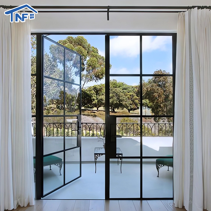 Manufacturer Modern Double Exterior/Interior Grill Steel French Door Designs Glass Wrought Iron Door