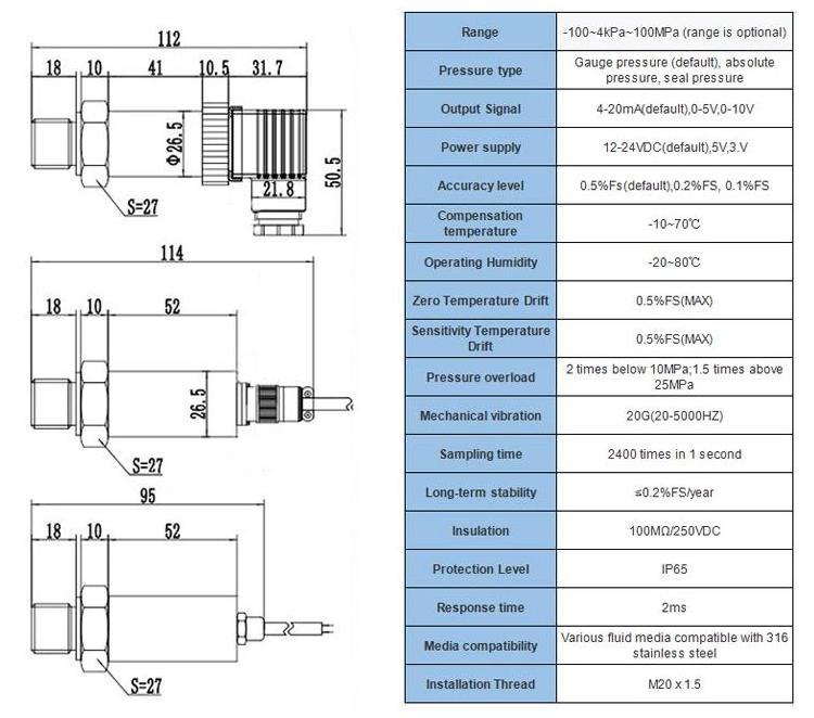 4-20mA Output High Precision Pressure Transmitter Gas Air Oil Water Pressure Sensor