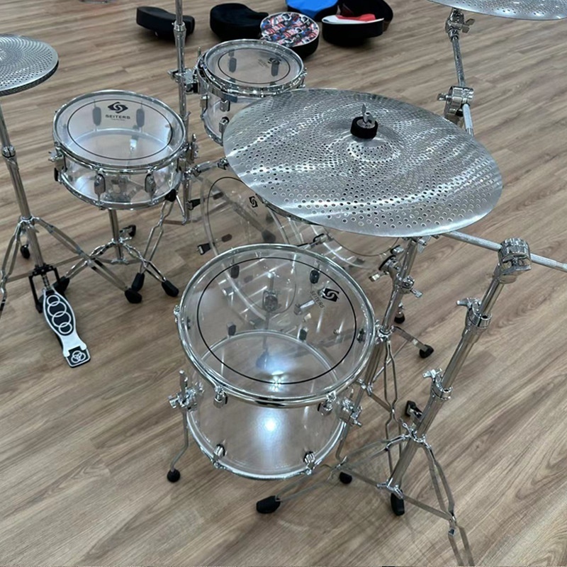 HOT-Selling transparent exquisite red/white/blue 5 drum 2/3/4 cymbals beginner practice acrylic drum set