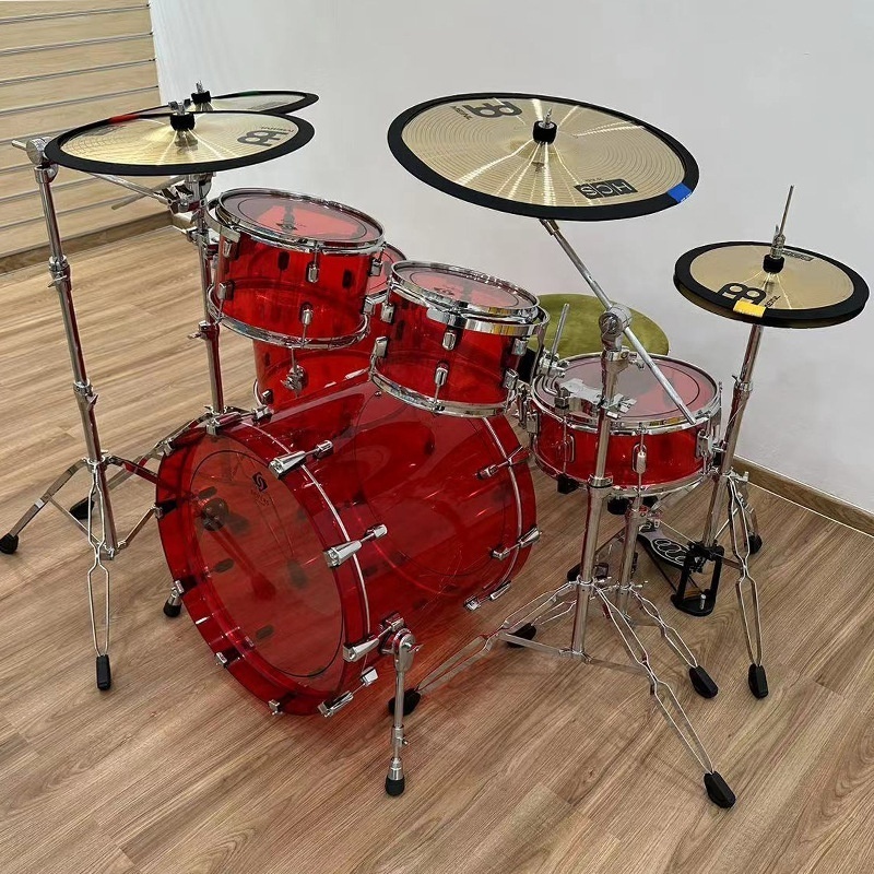 HOT-Selling transparent exquisite red/white/blue 5 drum 2/3/4 cymbals beginner practice acrylic drum set