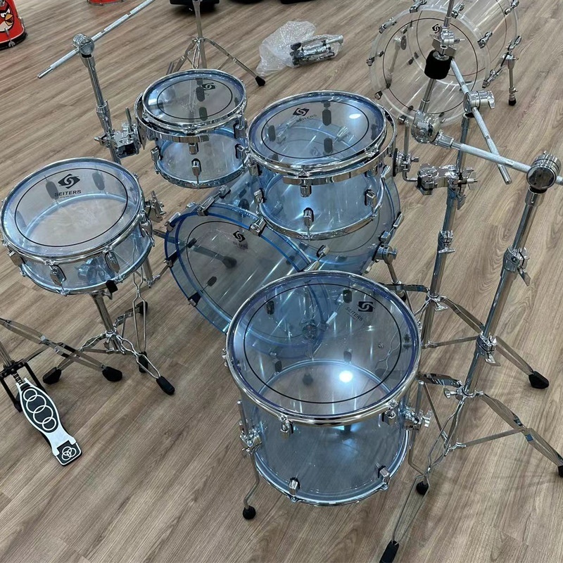 HOT-Selling transparent exquisite red/white/blue 5 drum 2/3/4 cymbals beginner practice acrylic drum set