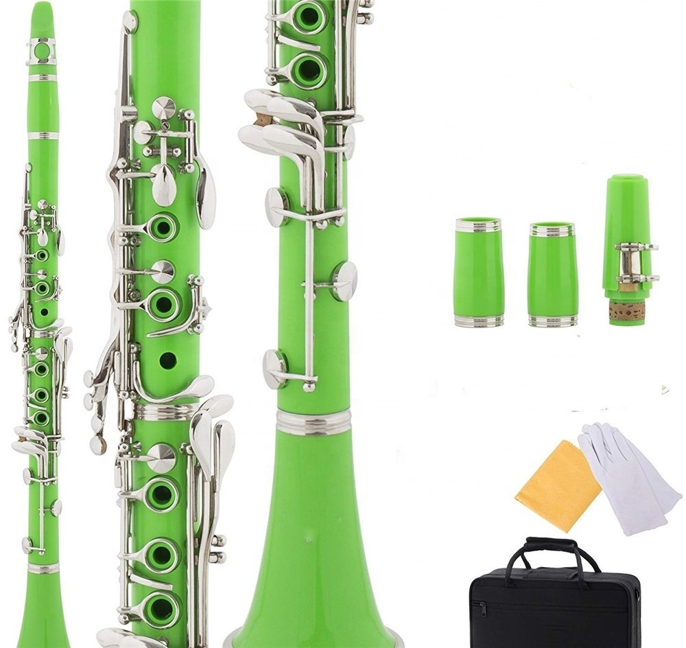 Wholesale colorful clarinet Bb tone ABS resin green 17keys clarinet with bag wind instruments