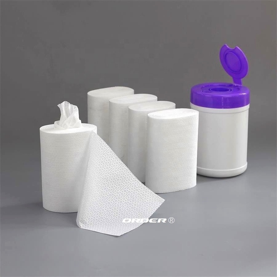 Perforated Spunlace woodpulp Nonwoven Fabric dry wipes roll for Wet Wipes in canister / tub/ bucket