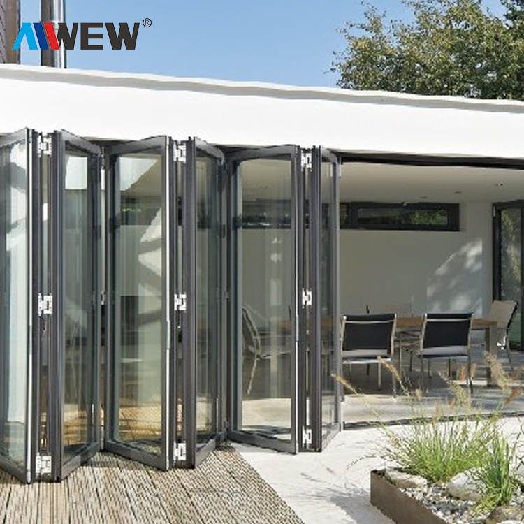 Alwew bi folding double glazing aluminum exterior glass bifold patio door accordion windows and doors