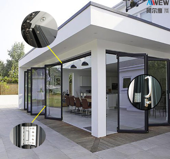 Alwew bi folding double glazing aluminum exterior glass bifold patio door accordion windows and doors