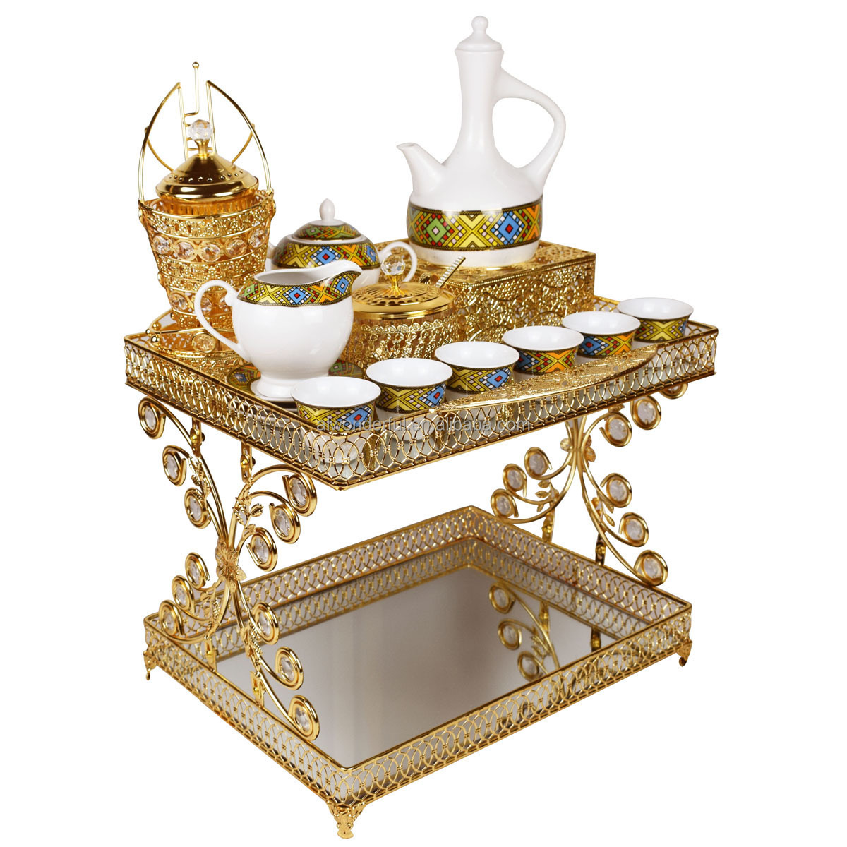 2024 popular arabic metal table set with porcelain tea cup and coffee pot