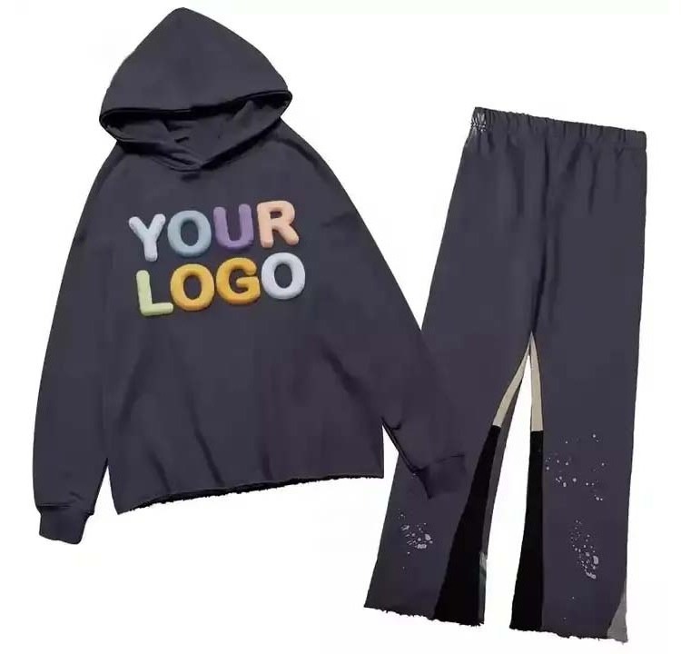 Custom Applique Embroidery Patch Track Suit 100% Cotton Jogging Acid Wash Flared Sweat pant And Hoodie Set Vintage Sweatsuits