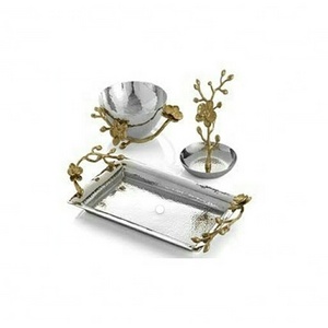 Exporter of Beautiful Stainless Steel Serving Tray and Bowls set of 3 pieces with  floral decorative handles table decoration