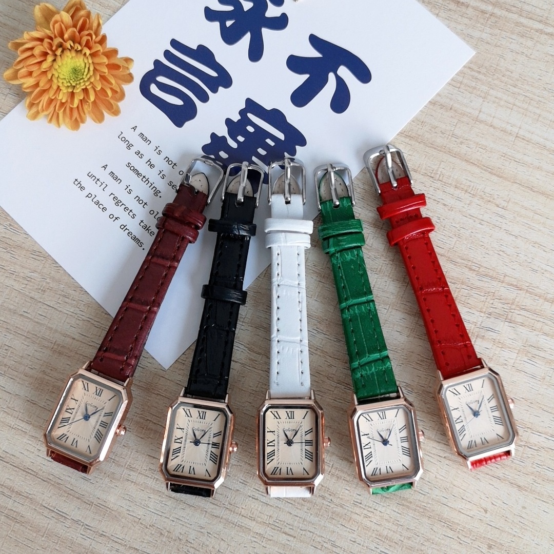 New Fashion Square Blue Needle Scale Roman Number Simple Casual PU Leather Watch Quartz Student Watch for Women