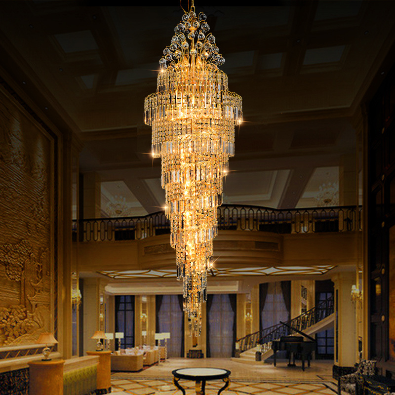 Gold Long Crystal Chandelier Modern Luxury Villa Hotel Loft Chandelier Stairs Long Pendant Lighting For High Ceiling Hotel Decor